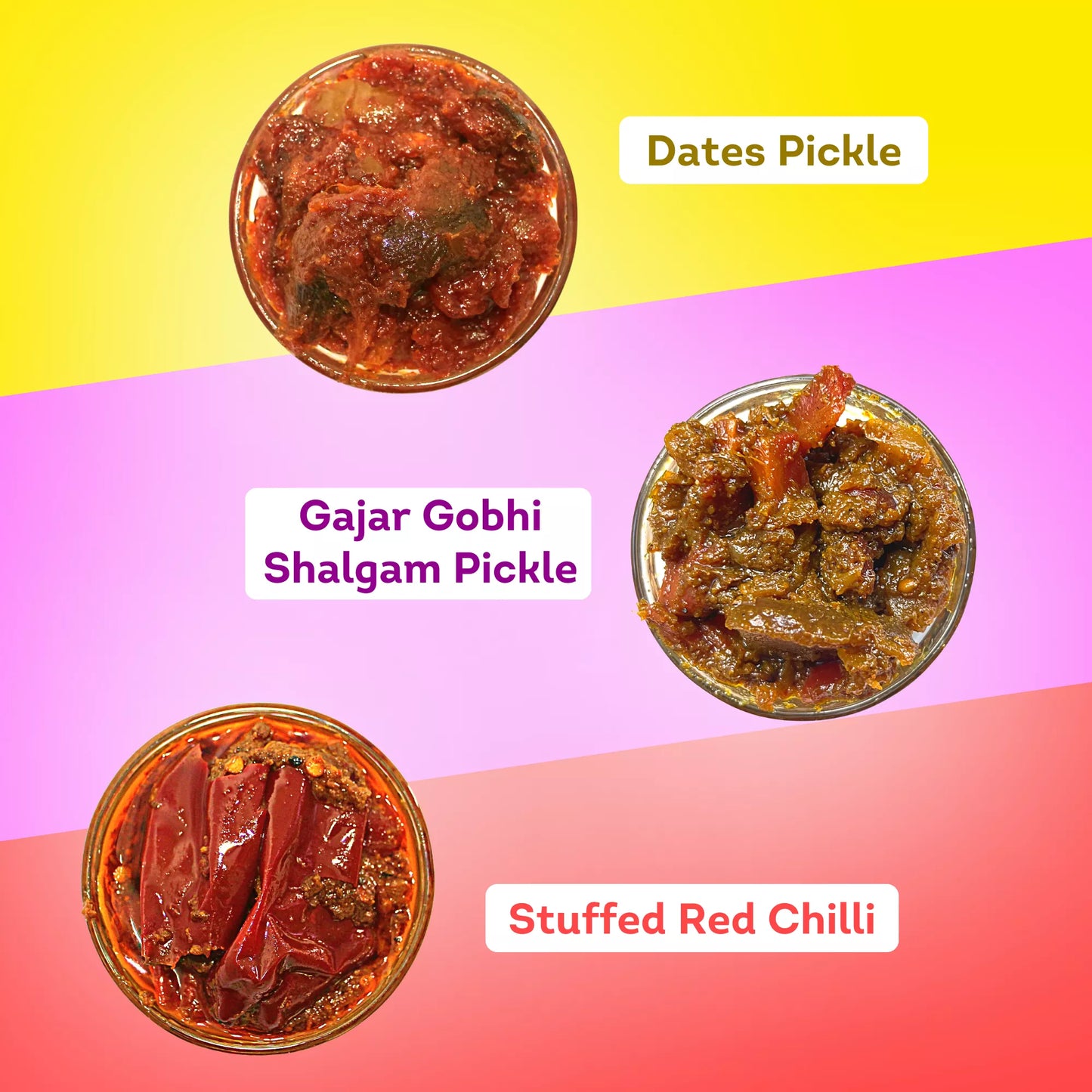 Dates, Gajar Gobhi Shalgam, Stuffed Red Chilli Pickle Combo