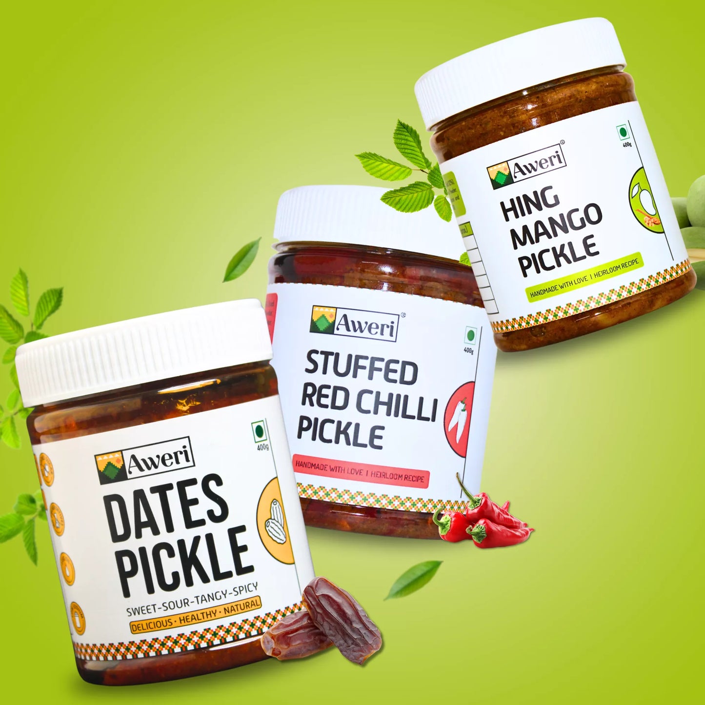 Dates, Hing Mango, Stuffed Red Chilli Pickle Combo