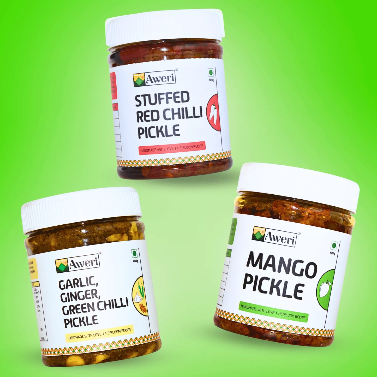 Stuffed Red Chilli, Mango, Garlic-Ginger-Green Chilli Pickle Combo