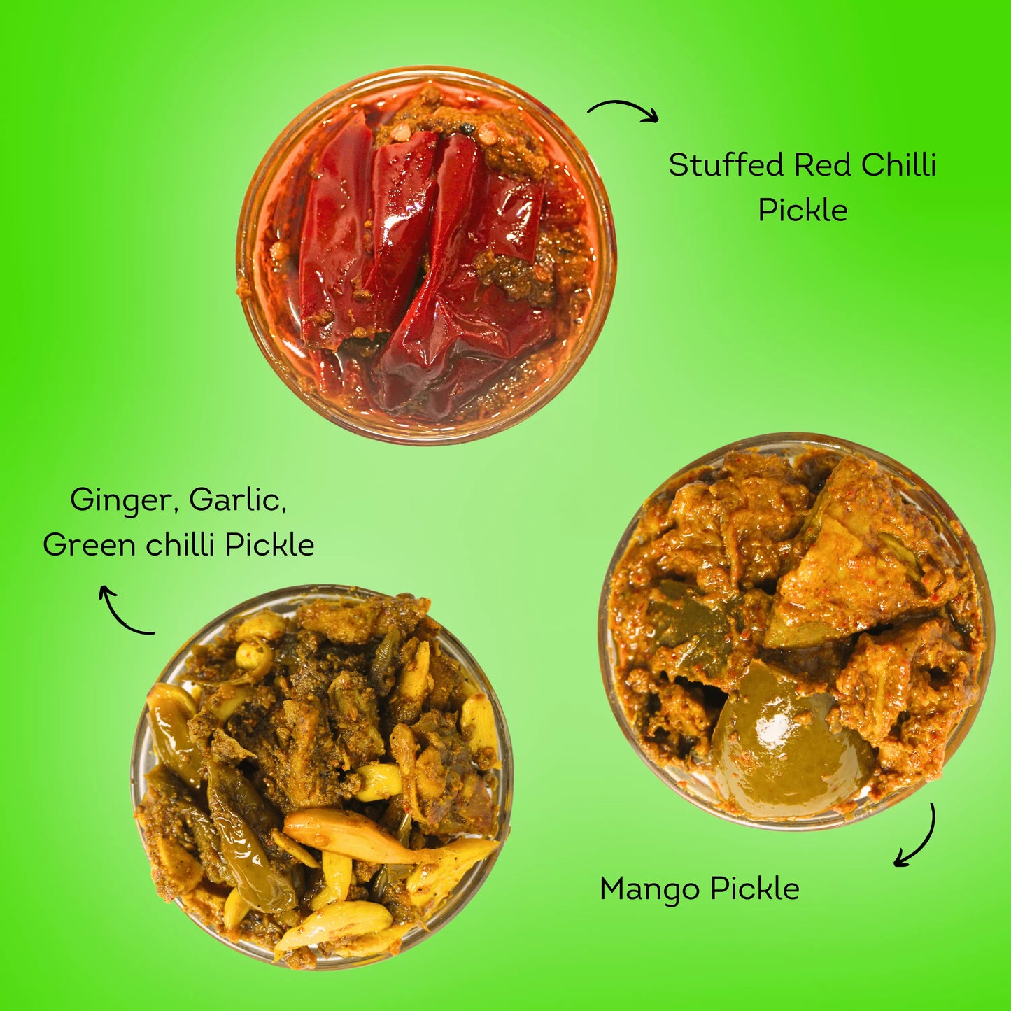 Stuffed Red Chilli, Mango, Garlic-Ginger-Green Chilli Pickle Combo
