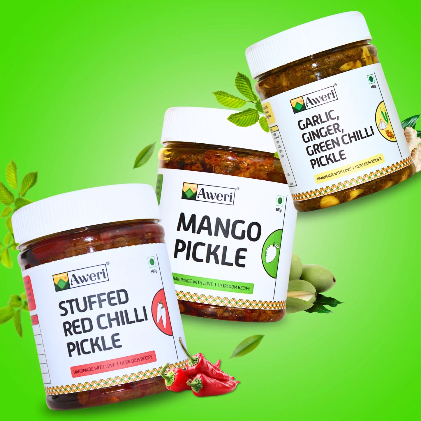 Stuffed Red Chilli, Mango, Garlic-Ginger-Green Chilli Pickle Combo