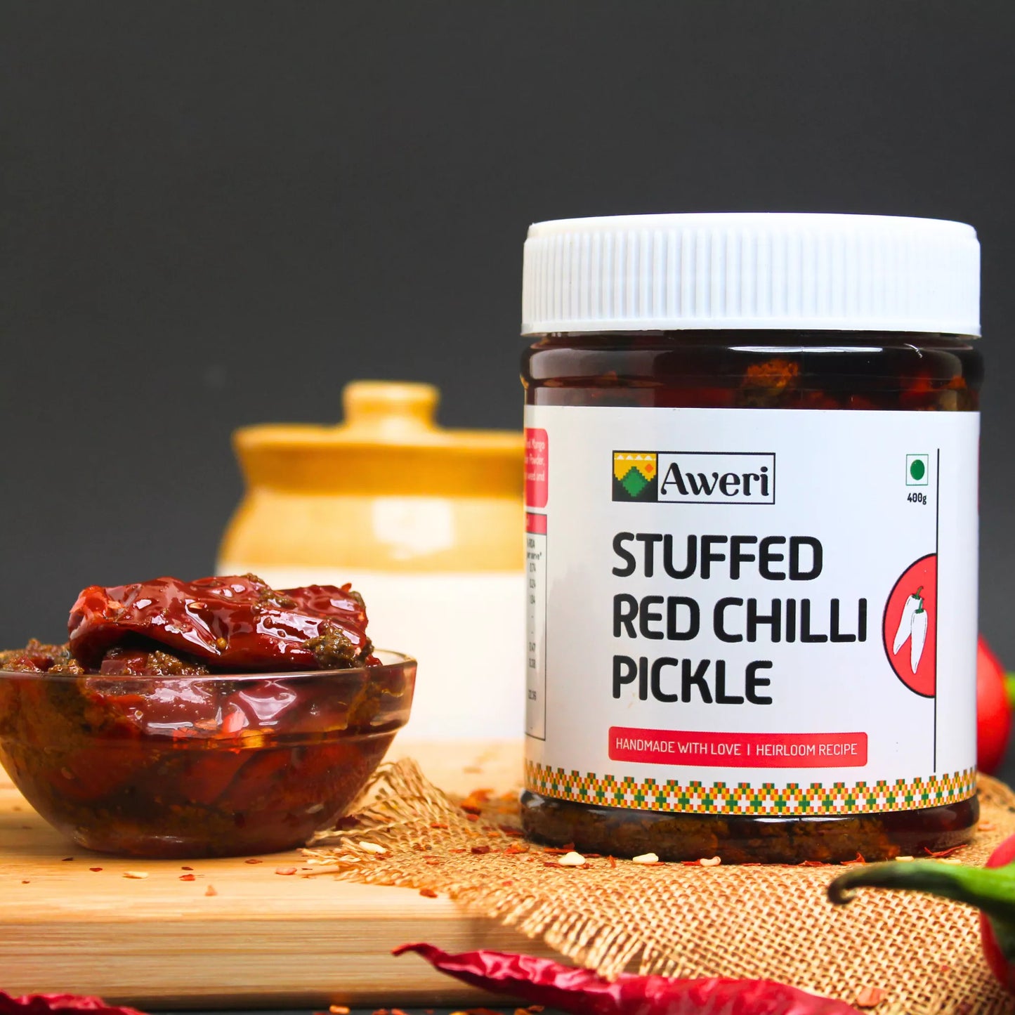Stuffed Red Chilli, Mango, Garlic-Ginger-Green Chilli Pickle Combo