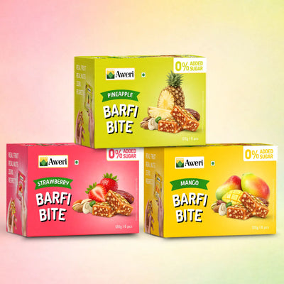 Aweri Fruit Barfi Bite Combo ( 120g x 3 | 6 pcs Each) – Strawberry, Mango & Pineapple | Healthy Fruit Mithai
