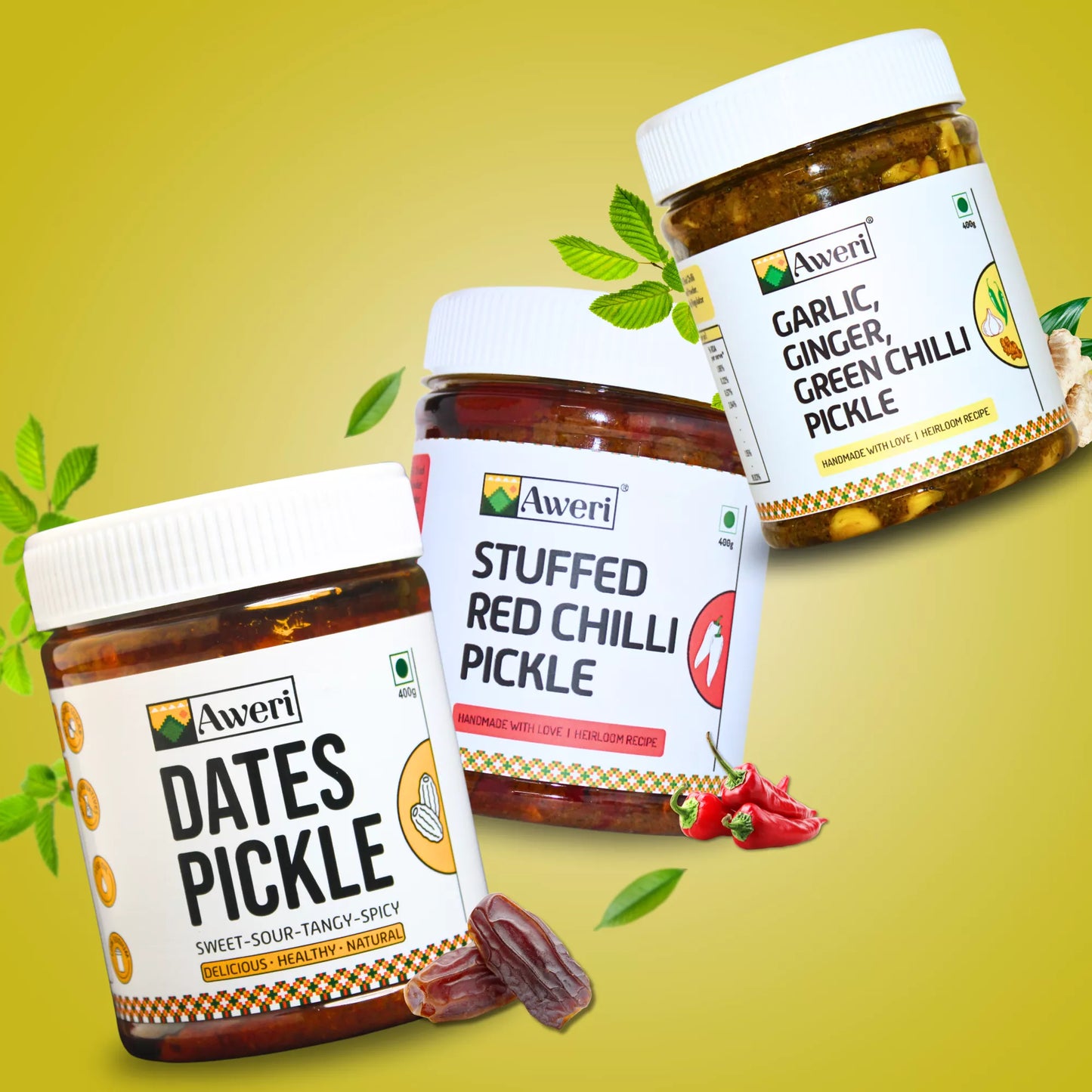 Dates, Garlic-Ginger-Green Chilli, Stuffed Red Chilli Pickle Combo