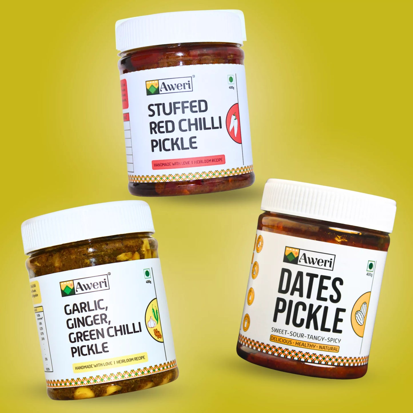 Dates, Garlic-Ginger-Green Chilli, Stuffed Red Chilli Pickle Combo