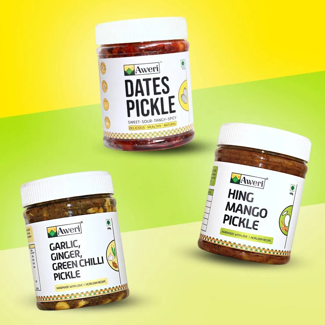 Dates, Hing Mango, Garlic Ginger Green Chilli Pickle Combo