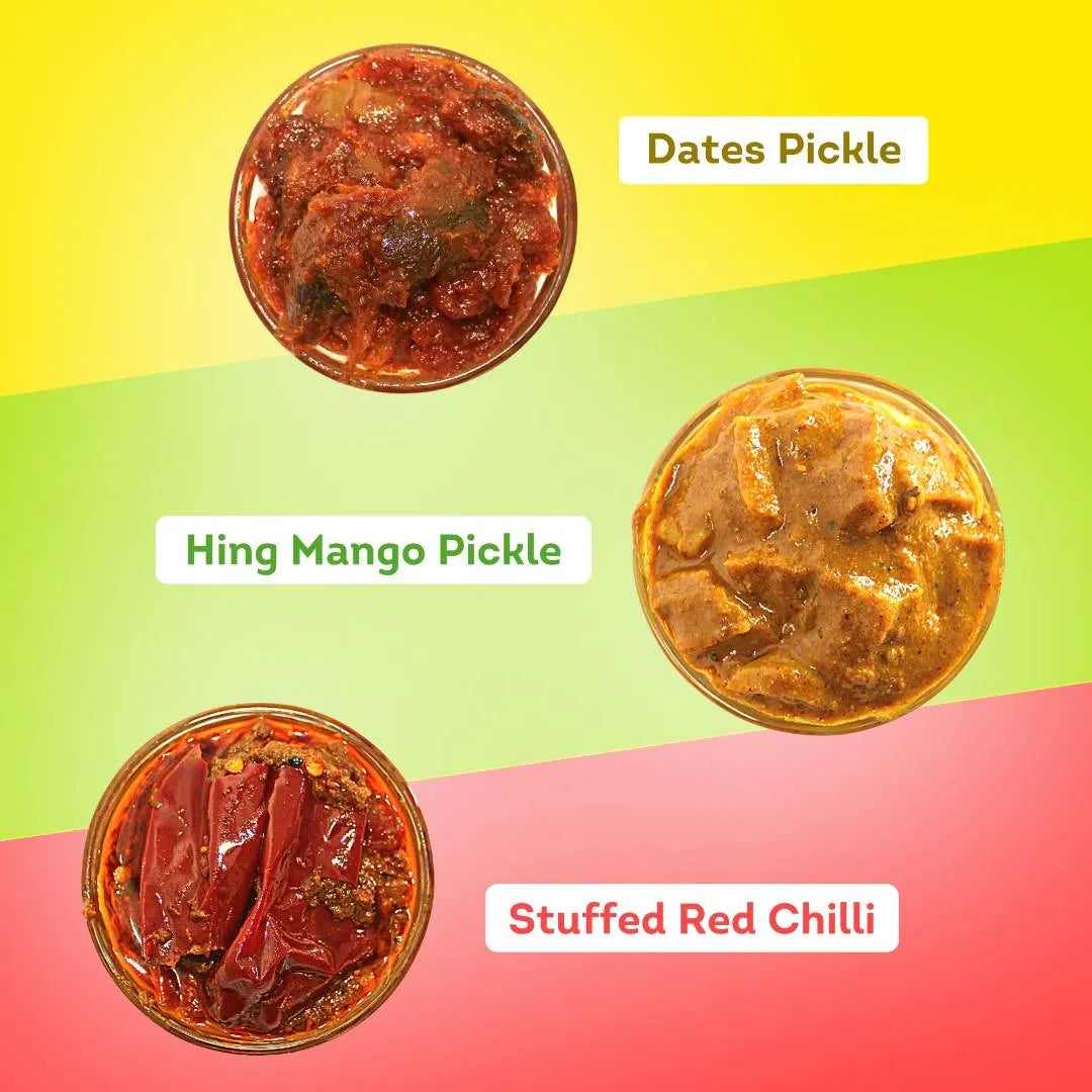 Dates, Hing Mango, Stuffed Red Chilli Pickle Combo