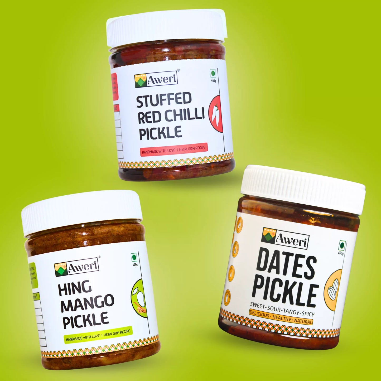 Dates, Hing Mango, Stuffed Red Chilli Pickle Combo