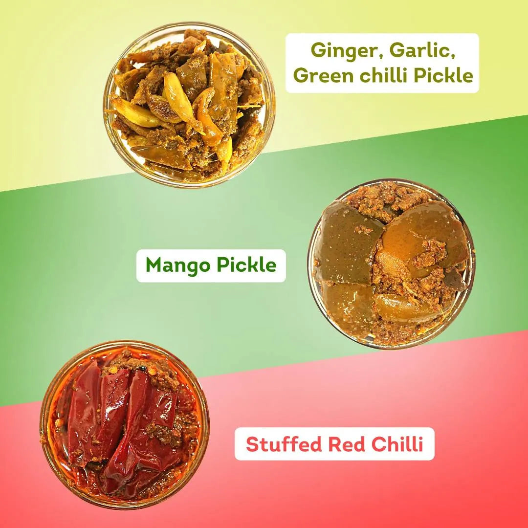 Stuffed Red Chilli, Mango, Garlic-Ginger-Green Chilli Pickle Combo