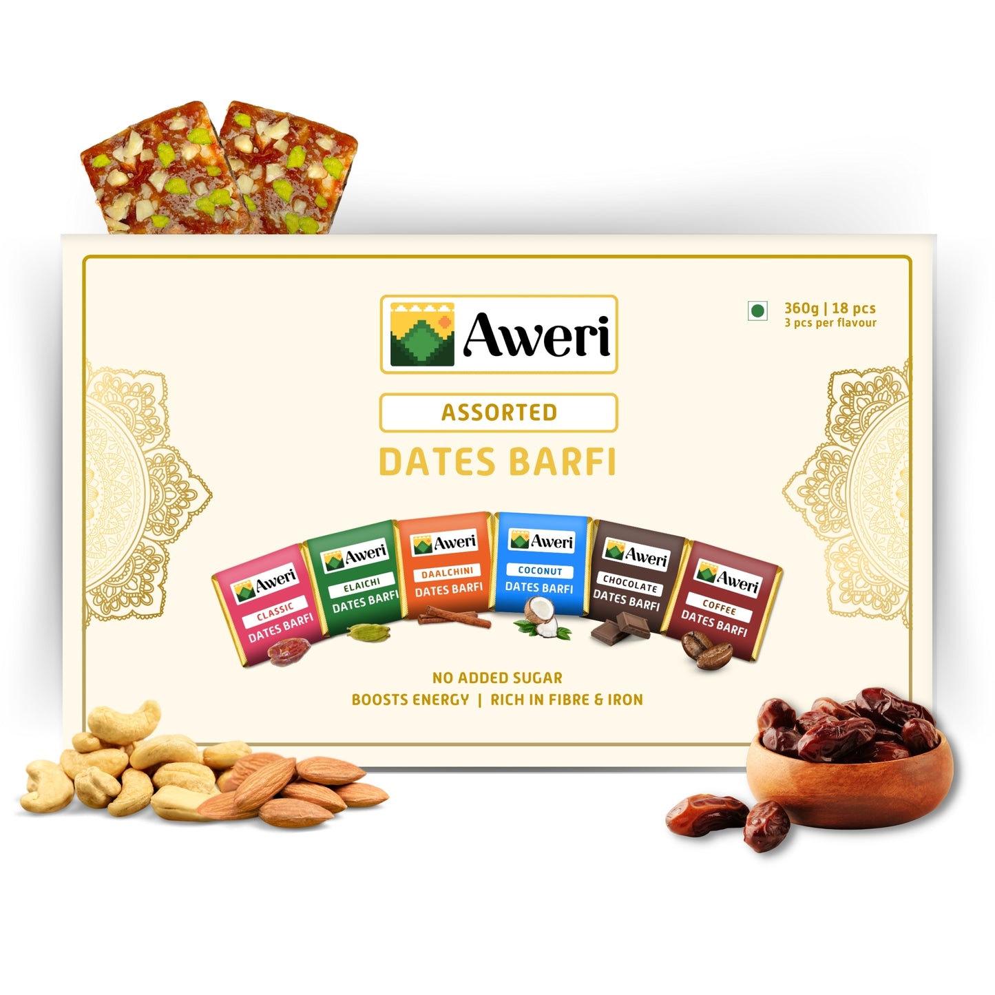 Dates Barfi Assorted Box for daily use & gifting | 6 Flavours | Dates, Nuts & Ghee