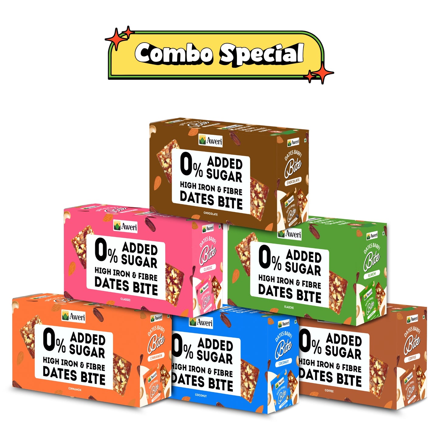 Dates Barfi Bite Combo | All-in-One Pack | 6 Delicious Flavours | Healthy No Added Sugar Sweets