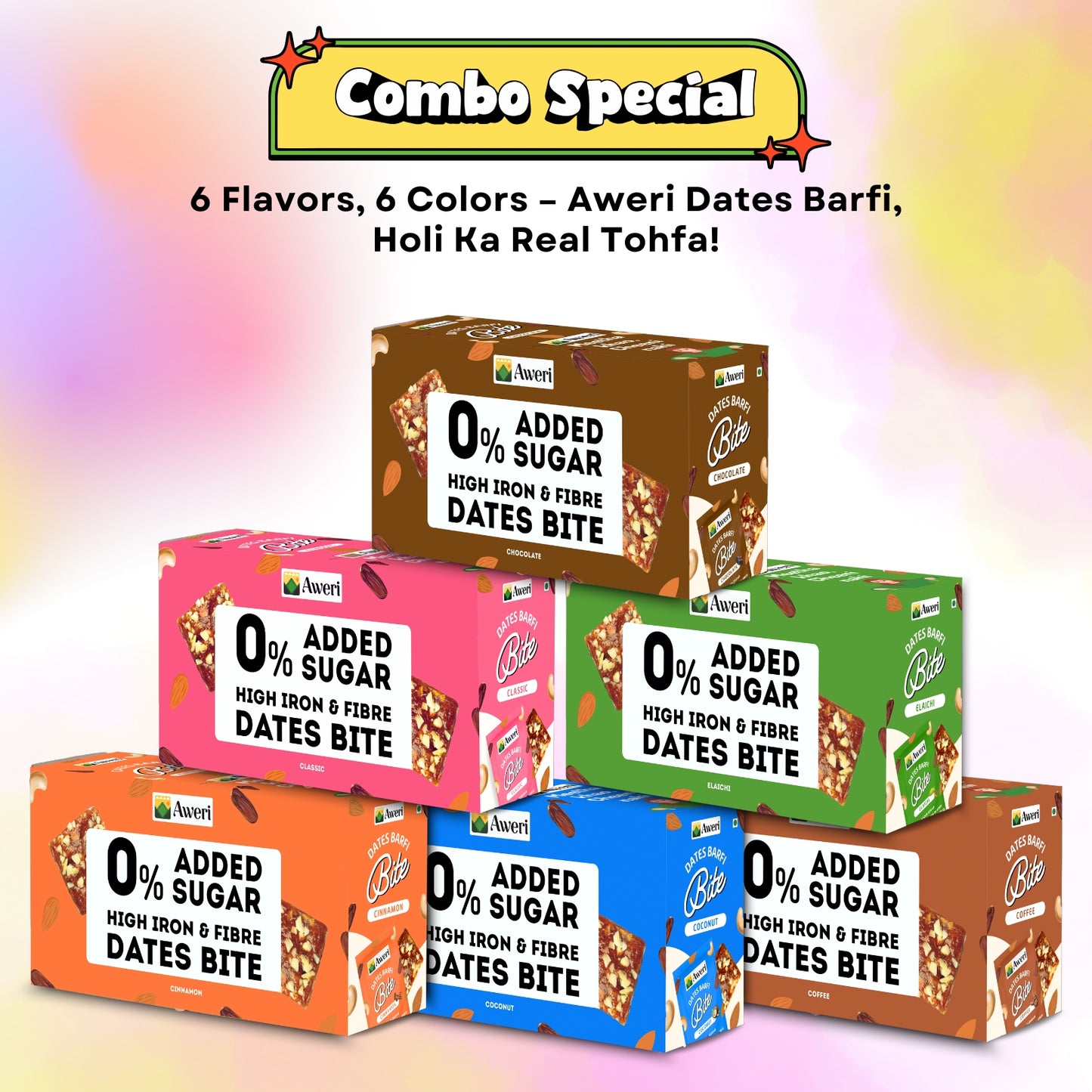 🌈 Holi Special Dates Barfi Bite Combo | All-in-One Festive Pack | 6 Delicious Flavours | Healthy No Added Sugar Sweets