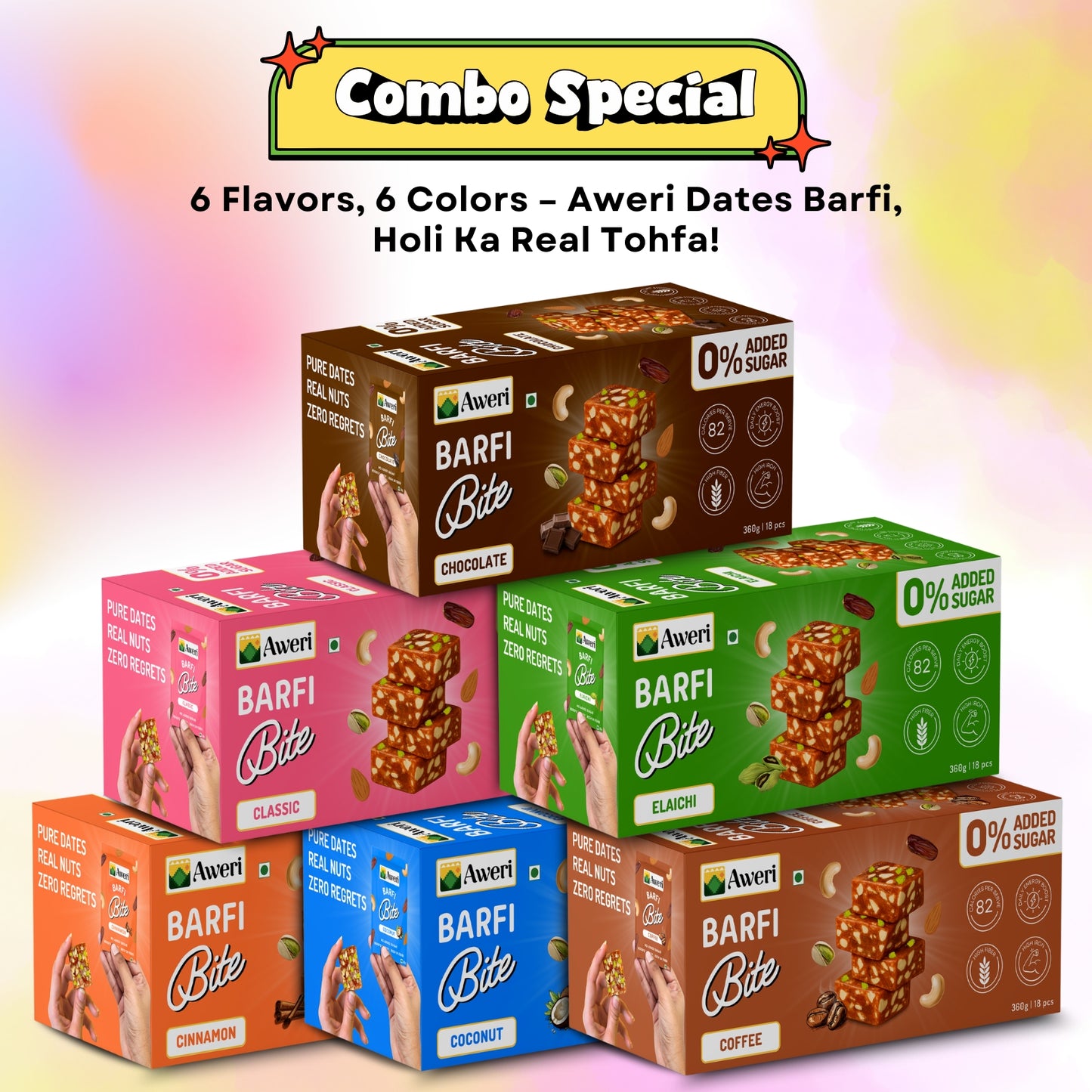🌈 Holi Special Dates Barfi Bite Combo | All-in-One Festive Pack | 6 Delicious Flavours | Healthy No Added Sugar Sweets