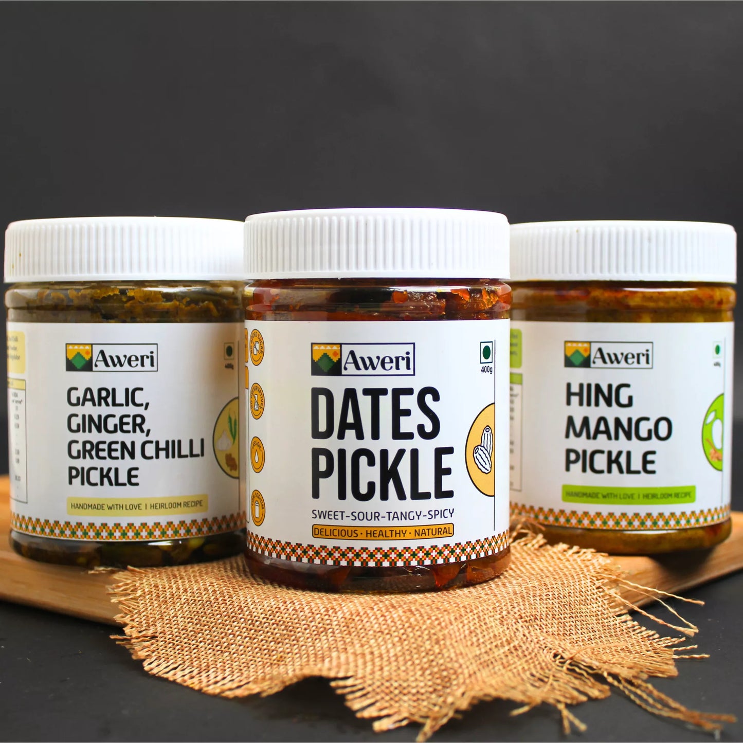 Dates, Hing Mango, Garlic Ginger Green Chilli Pickle Combo