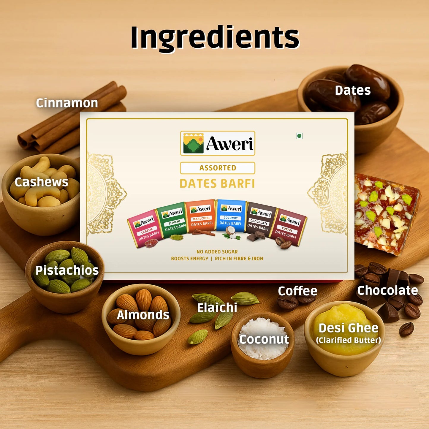 Dates Barfi Assorted Box for daily use & gifting | 6 Flavours | Dates, Nuts & Ghee
