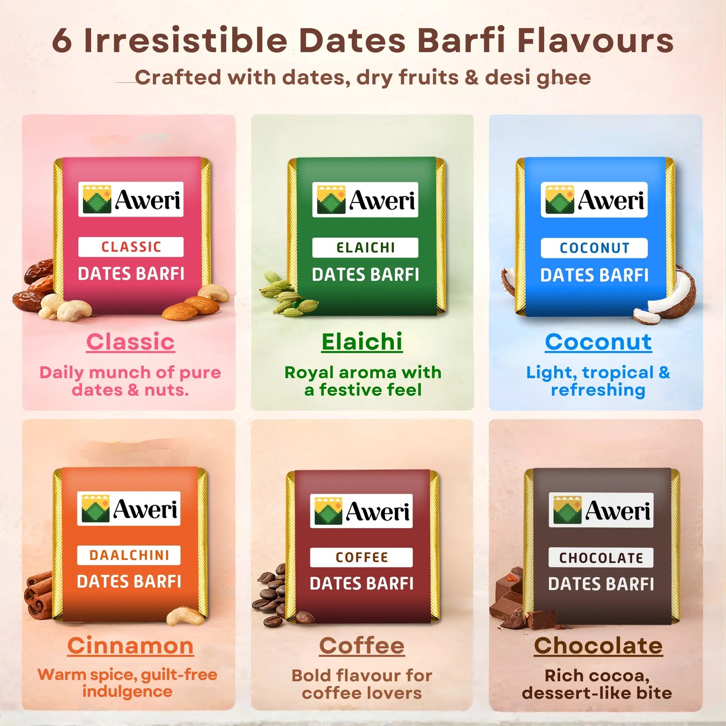 Dates Barfi Assorted Box for daily use & gifting | 6 Flavours | Dates, Nuts & Ghee