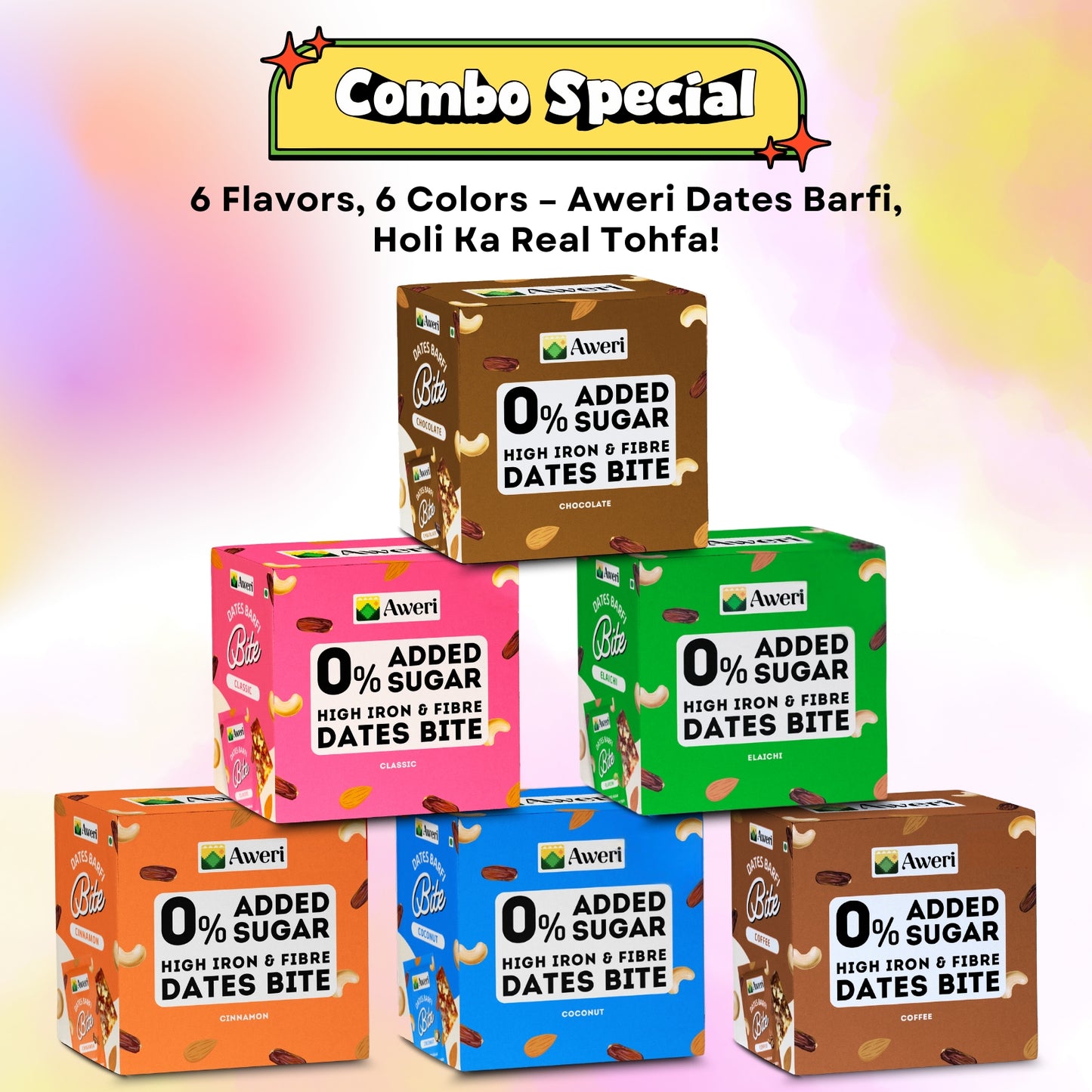 🌈 Holi Special Dates Barfi Bite Combo | All-in-One Festive Pack | 6 Delicious Flavours | Healthy No Added Sugar Sweets