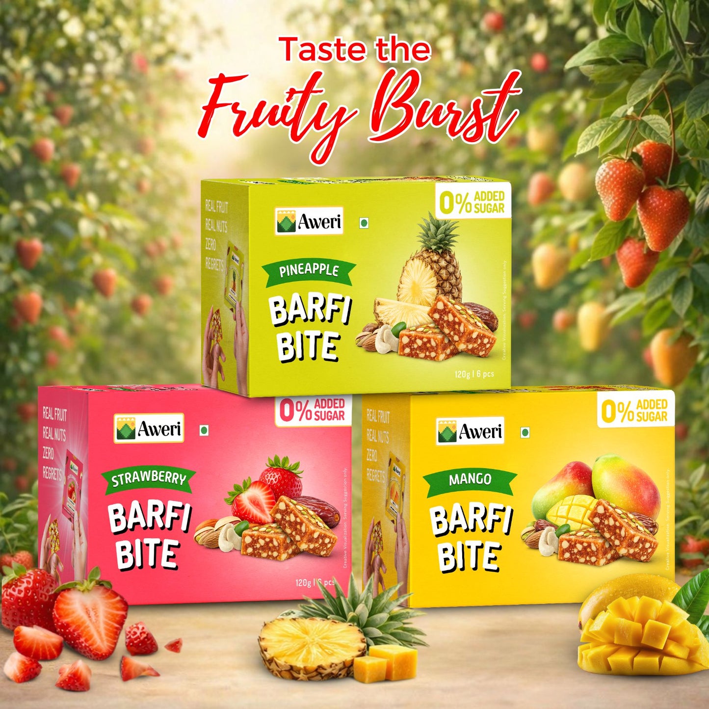 Aweri Fruit Barfi Bite Combo (120g x 3 | 6 pcs Each) – Strawberry, Mango & Pineapple | Healthy Fruit Mithai