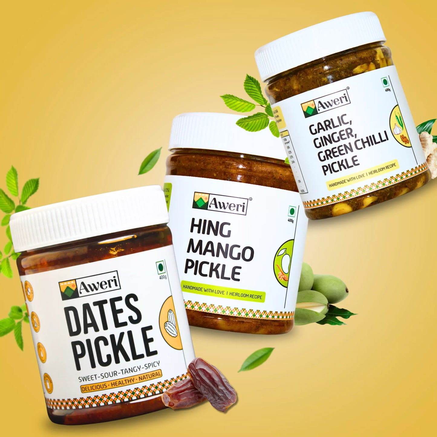 Dates, Hing Mango, Garlic Ginger Green Chilli Pickle Combo