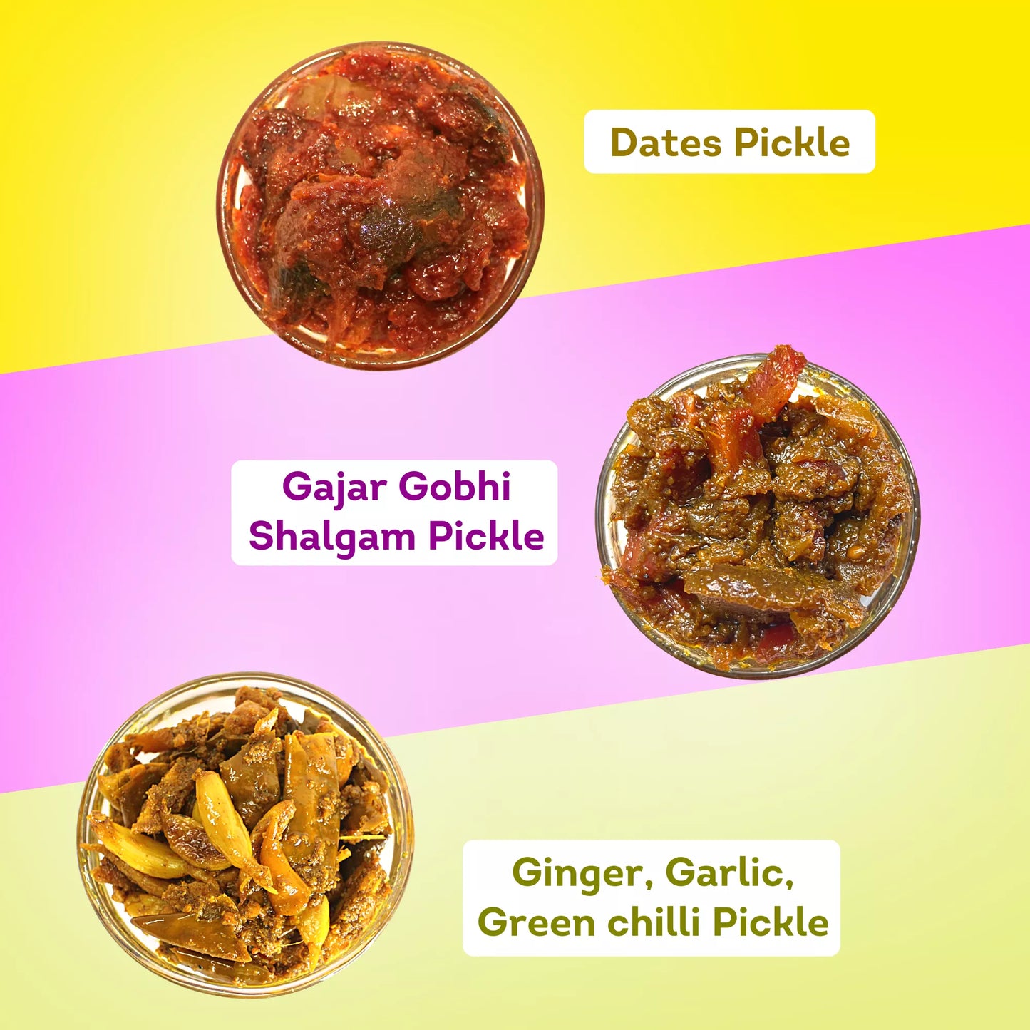 Dates, Gajar Gobhi Shalgam, Garlic-Ginger-Green Chilli Pickle Combo