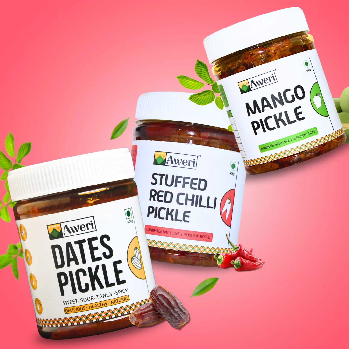 Dates, Stuffed Red Chilli, Mango Pickle Combo