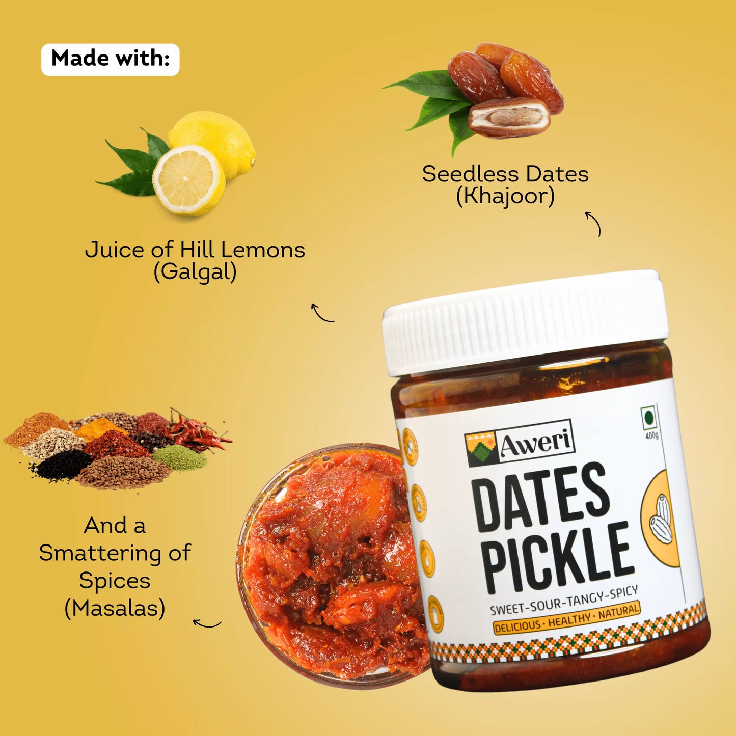 Dates, Hing Mango, Garlic Ginger Green Chilli Pickle Combo