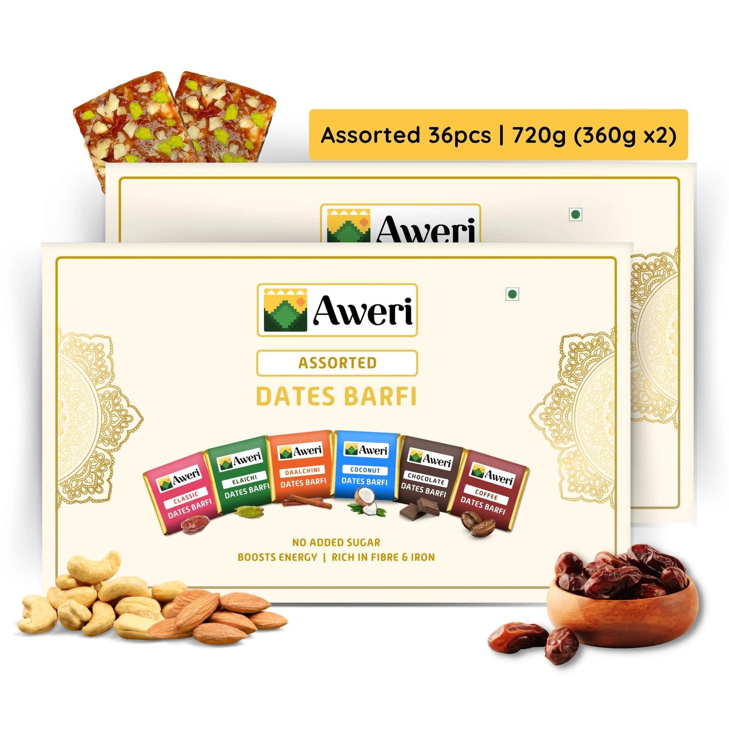 Dates Barfi Assorted Box for daily use & gifting | 6 Flavours | Dates, Nuts & Ghee