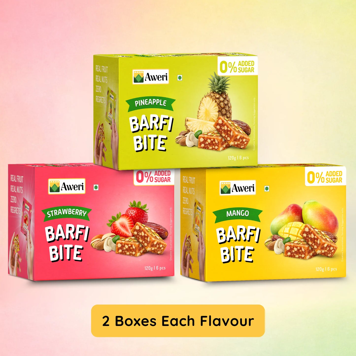 Aweri Fruit Barfi Bite Combo (120g x 3 | 6 pcs Each) – Strawberry, Mango & Pineapple | Healthy Fruit Mithai