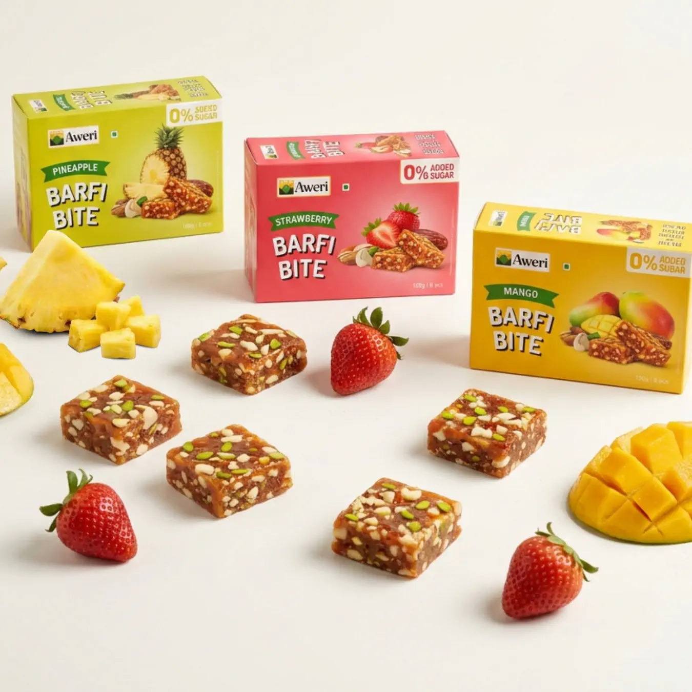 Aweri Fruit Barfi Bite Combo (120g x 3 | 6 pcs Each) – Strawberry, Mango & Pineapple | Healthy Fruit Mithai
