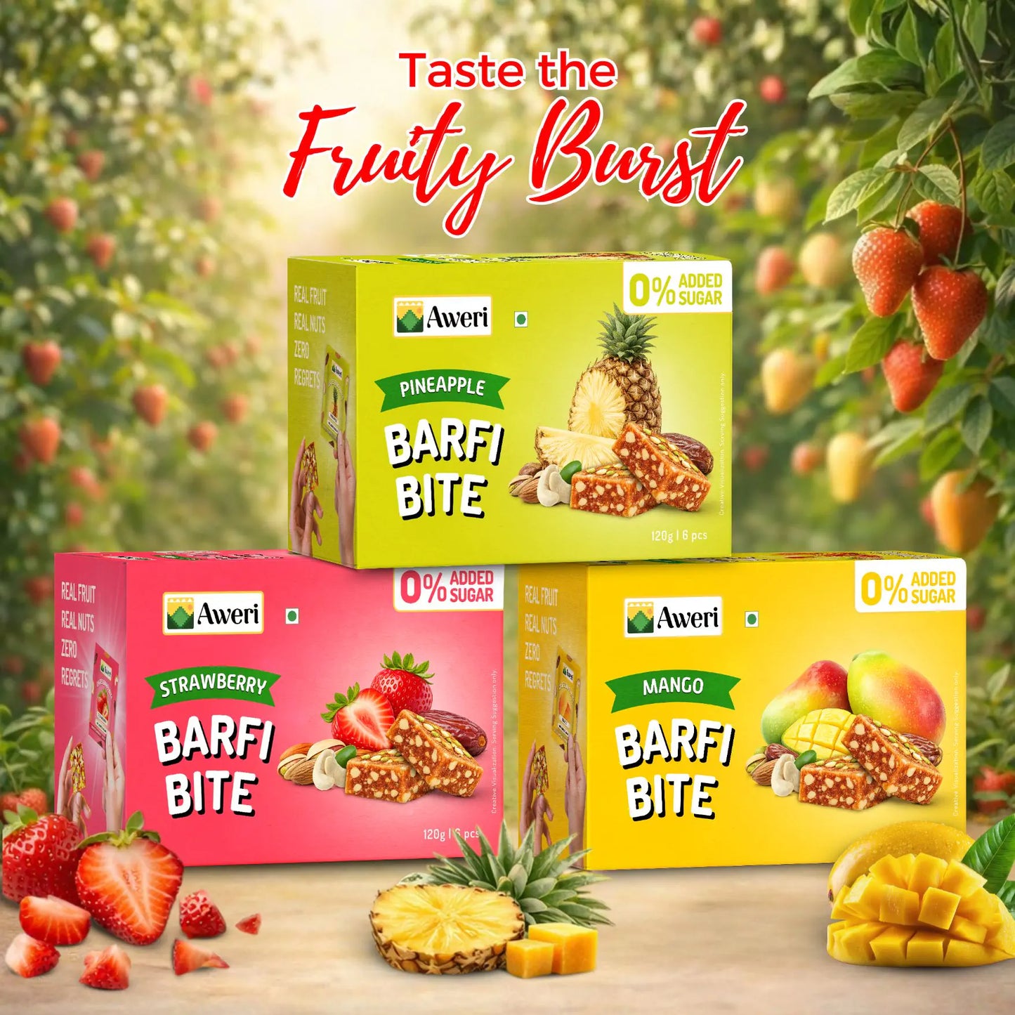 Aweri Fruit Barfi Bite Combo (120g x 3 | 6 pcs Each) – Strawberry, Mango & Pineapple | Healthy Fruit Mithai