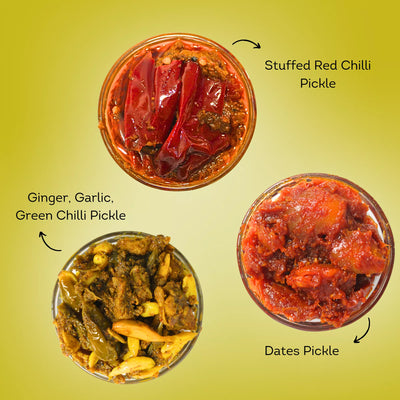 Dates, Garlic-Ginger-Green Chilli, Stuffed Red Chilli Pickle Combo