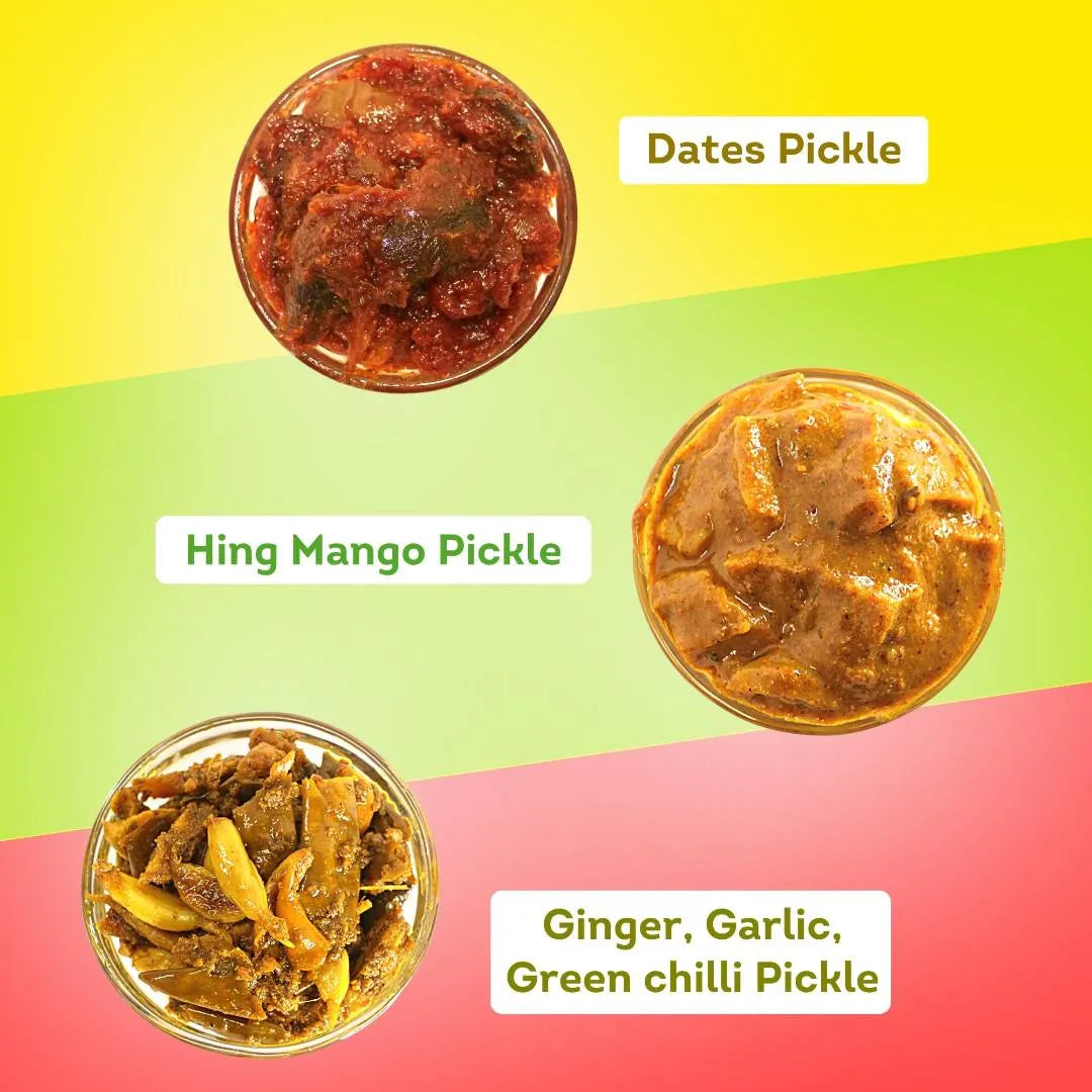 Dates, Hing Mango, Garlic Ginger Green Chilli Pickle Combo