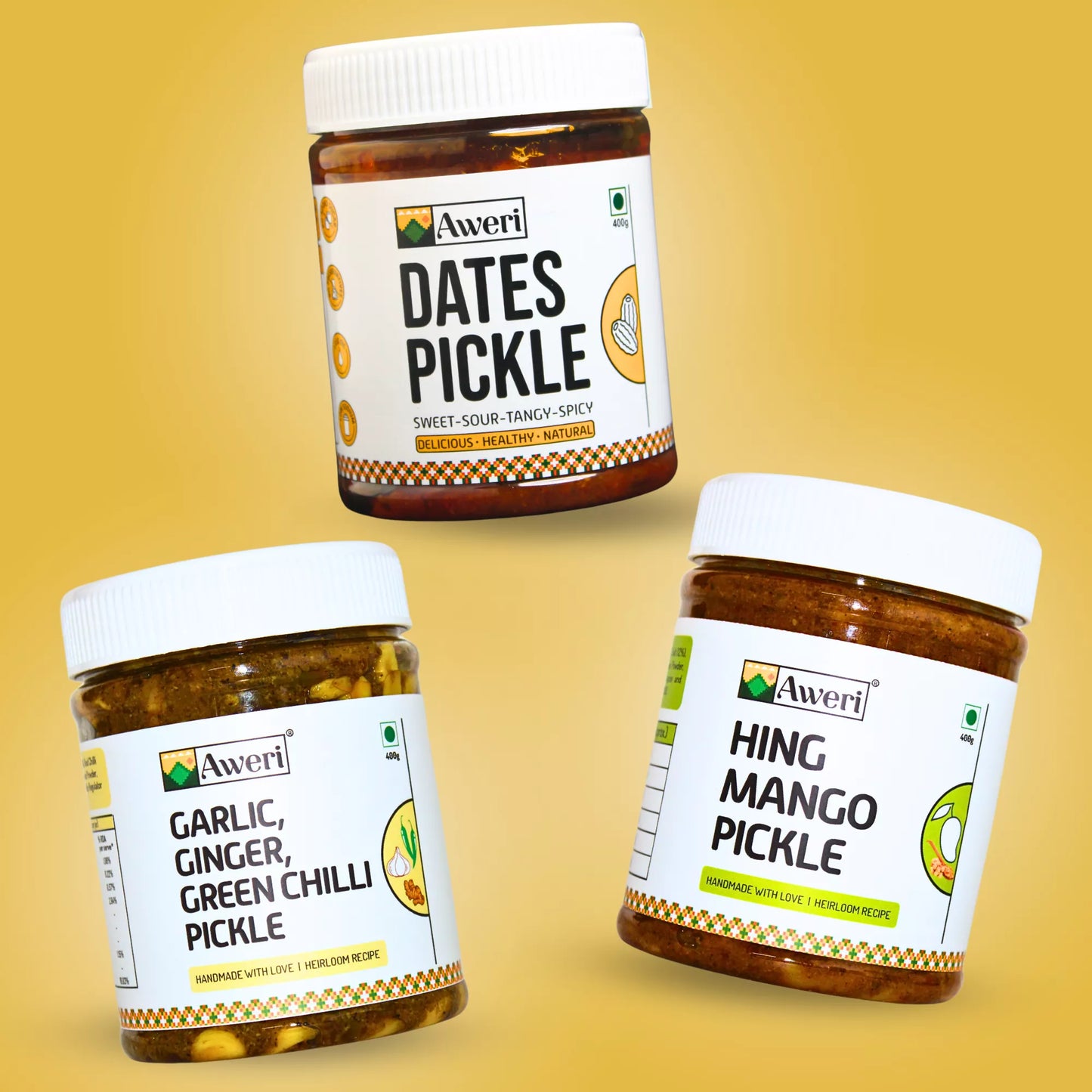 Dates, Hing Mango, Garlic Ginger Green Chilli Pickle Combo