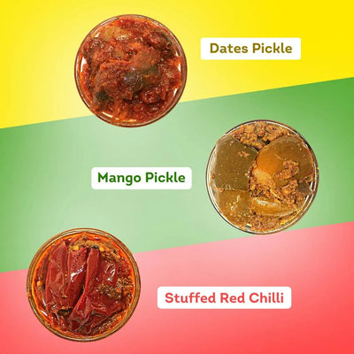 Dates, Stuffed Red Chilli, Mango Pickle Combo